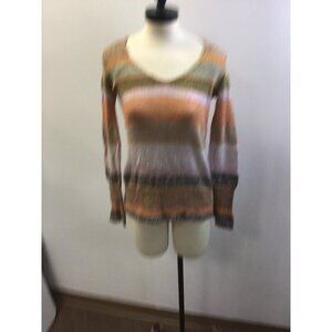 Relais Sweater Women Small V-Neck Orange/Brown/PinkStripe Loose Knit Long Sleeve